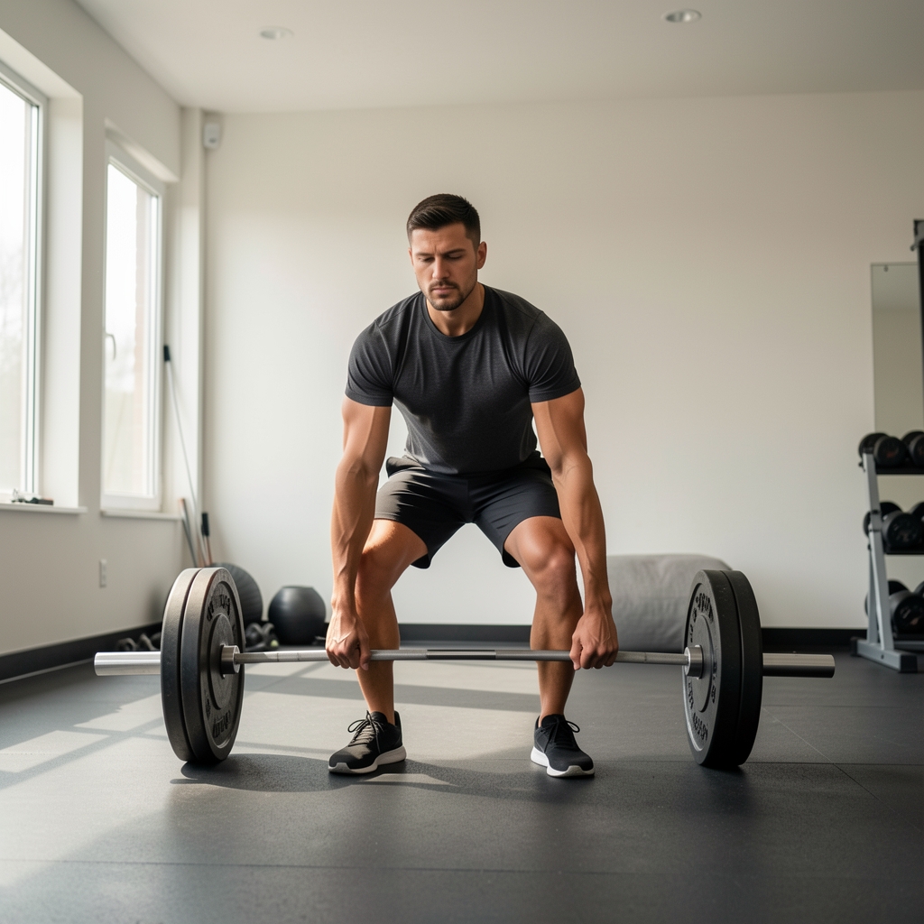Man doing early-morning strength training in a quiet home gym, natural light through high windows, focused posture with barbell