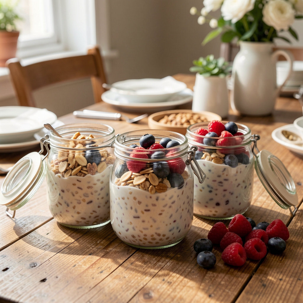 Open glass jars containing overnight oats, chopped nuts, and fresh berries arranged on a wooden breakfast table in morning light